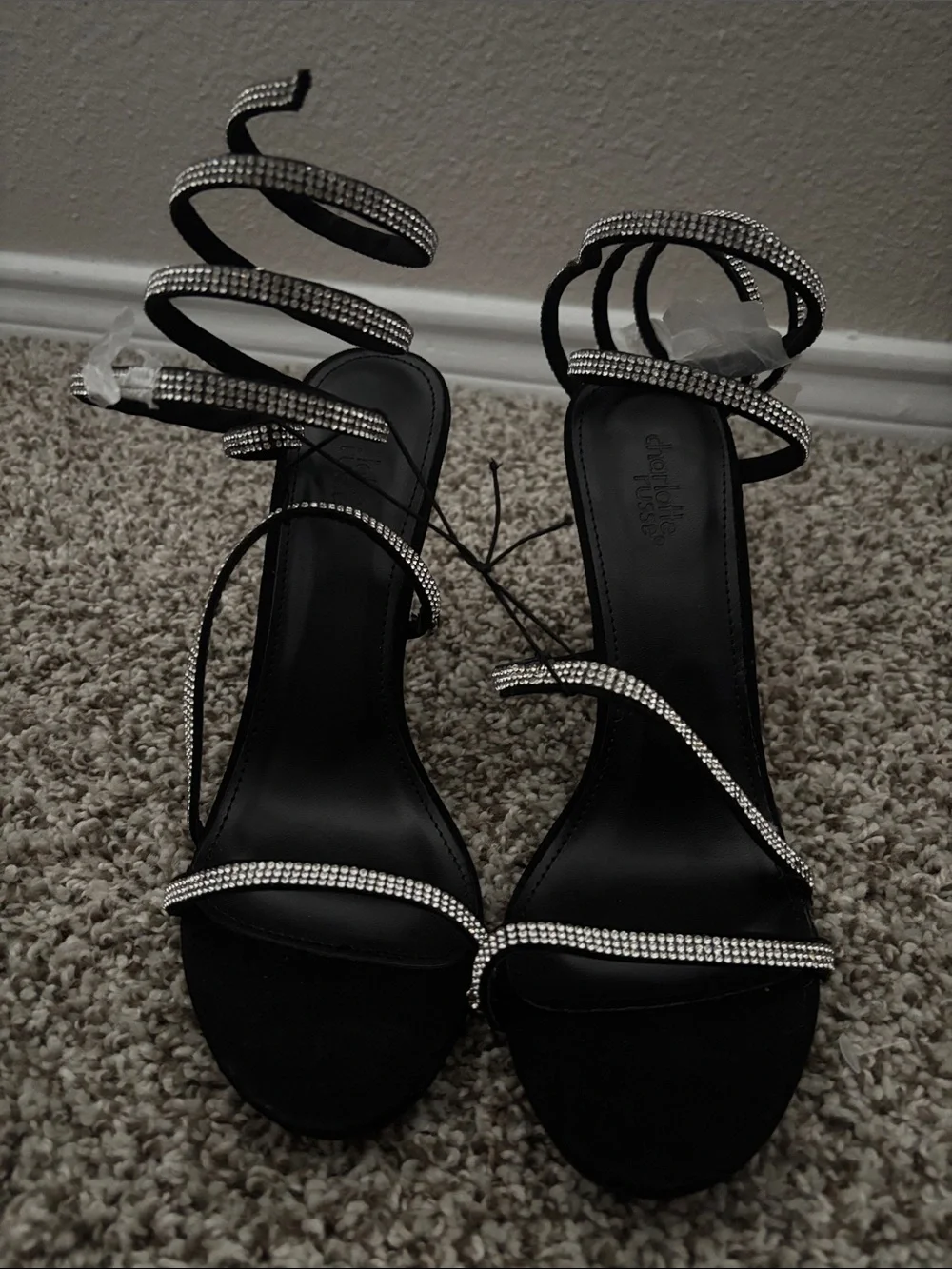 Black Crystal Spiral Strap Heels